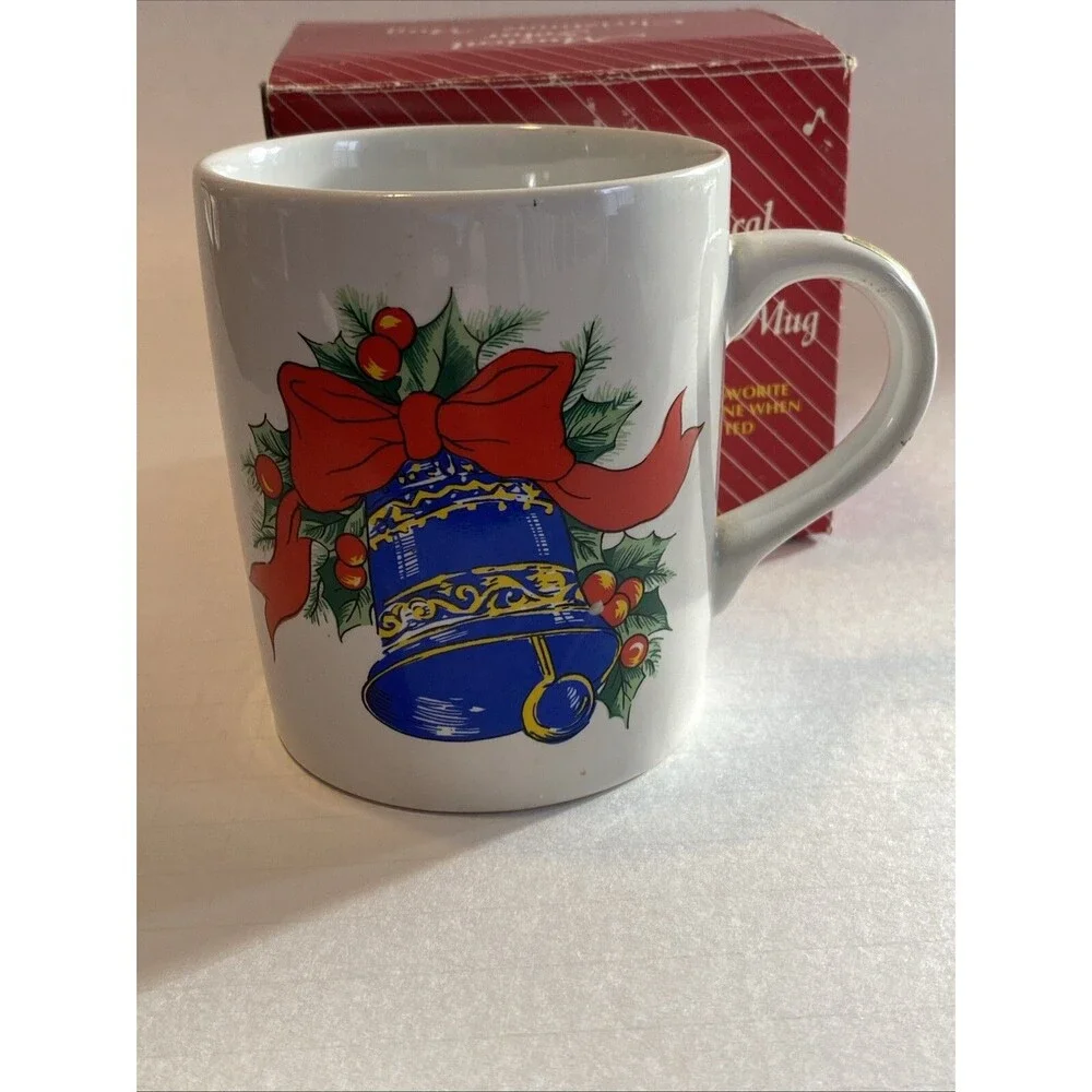 Vintage Christmas Solar Activated Coffee Cup Mug Musical Large Bell Graphic Box